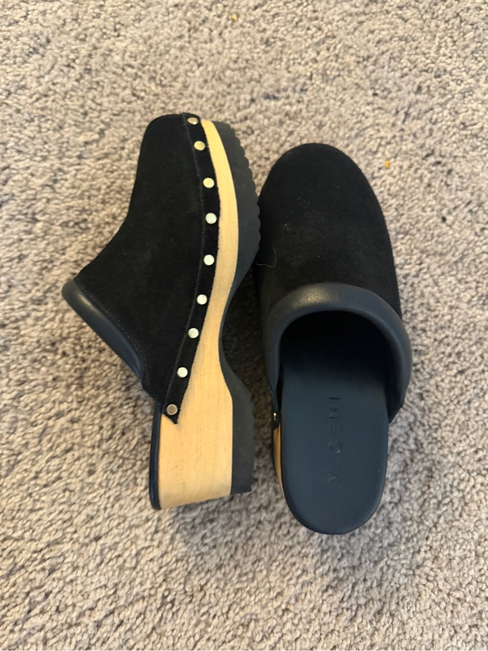 M.Gemi Greta Black Italian Suede Studded Wood Platform Clogs